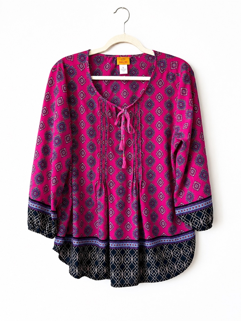 Ruby Rd. Magenta Geometric Tie-Neck Tunic with Navy Border